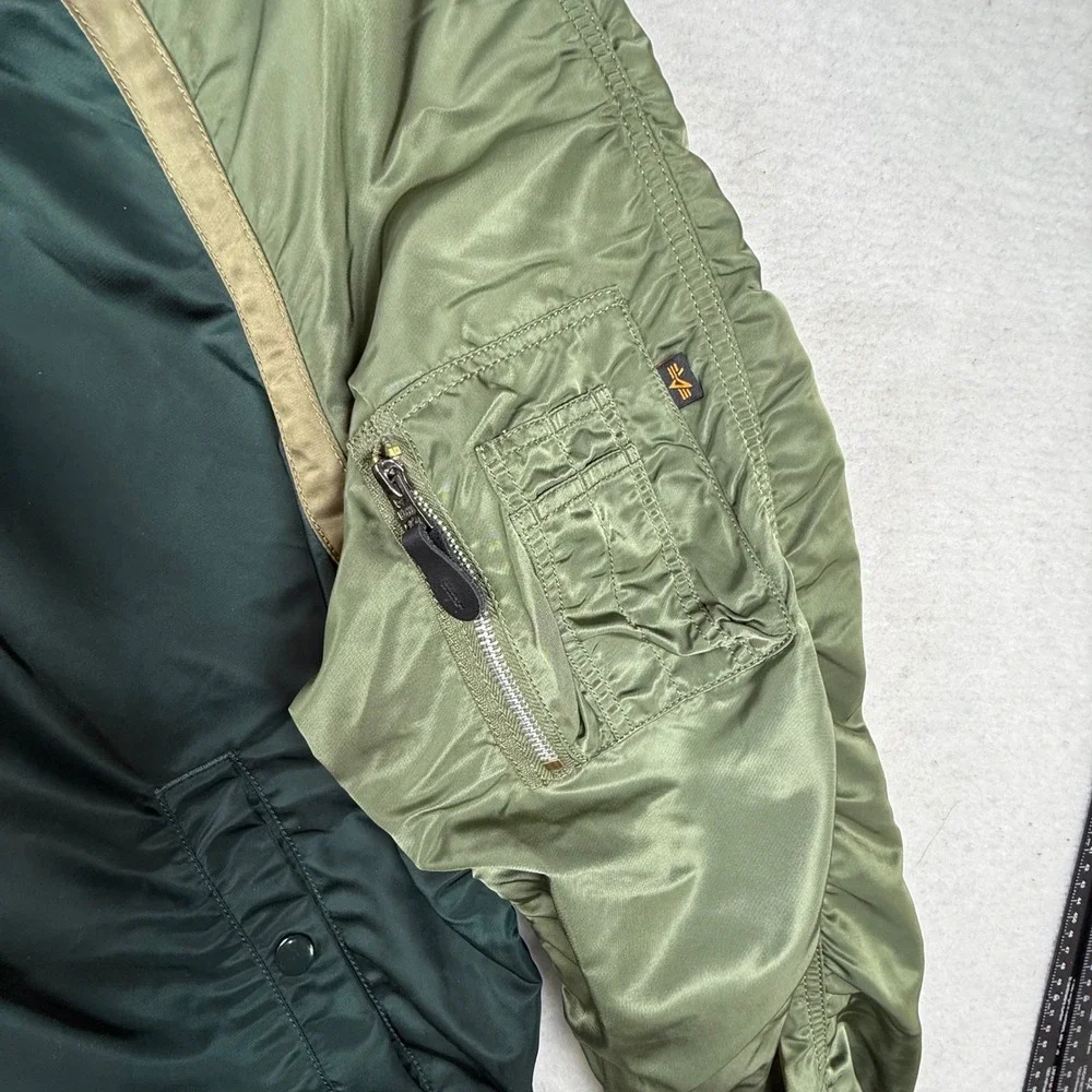 Alpha Industries MA-1 Bomber Flight Jacket XL Green Ruched Reversible Varsity